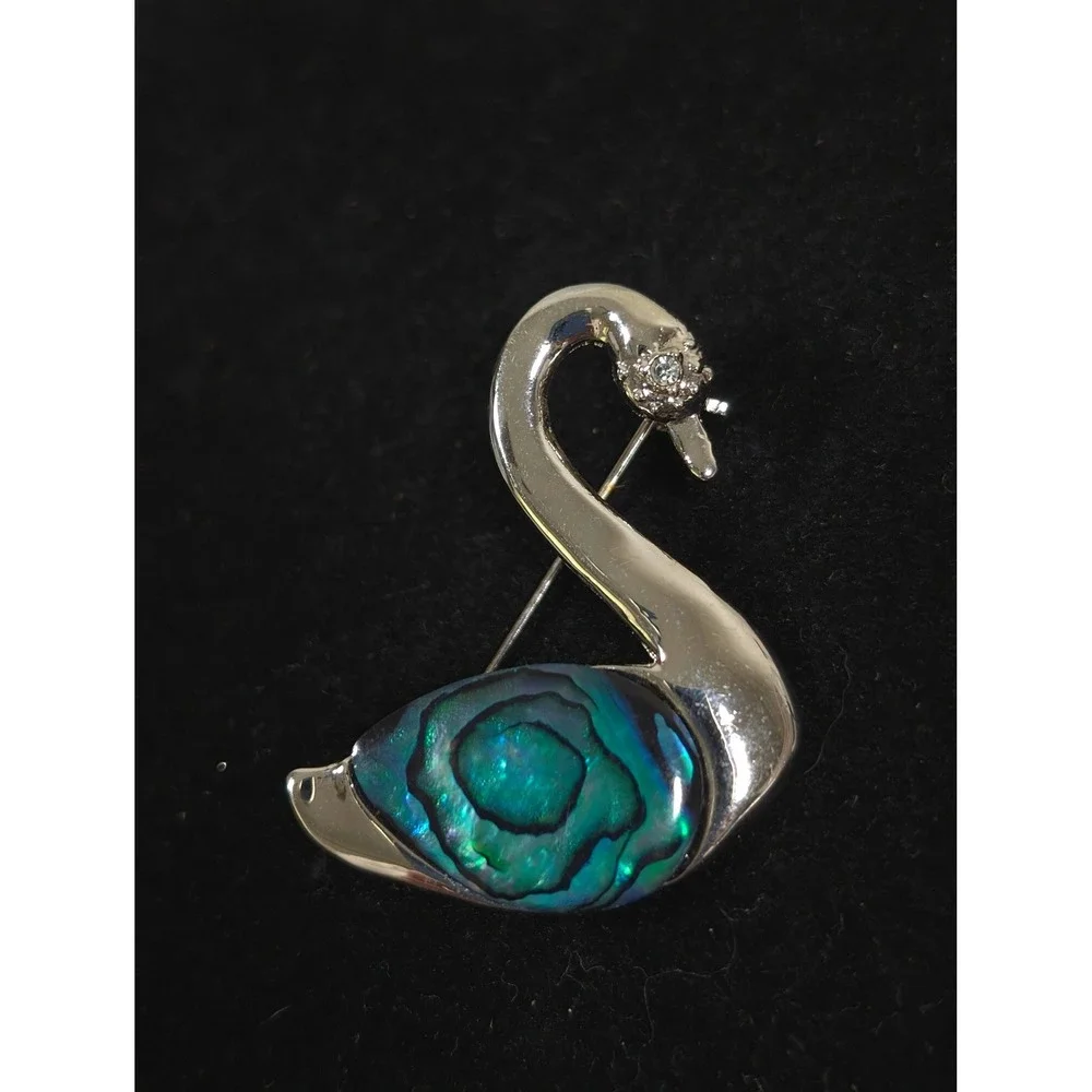 Retro Silver‎ Tone Swan Brooch Pin Faux Abalone Shell Bird Vintage Style